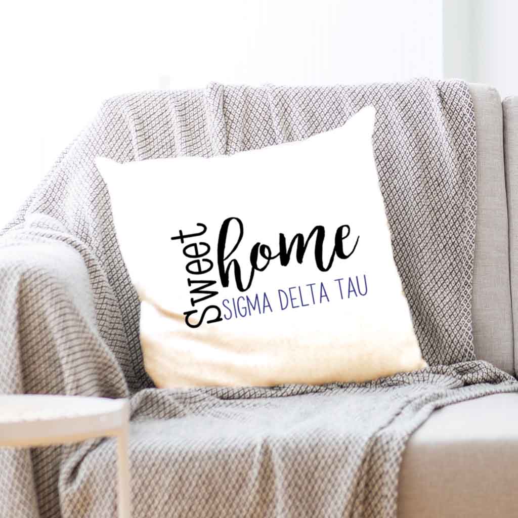 Sigma Delta Tau sorority name with stylish sweet home design custom printed on white or natural cotton throw pillow cover.