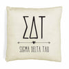 SDT sorority letters and name in boho style design custom printed on white or natural cotton throw pillow cover.