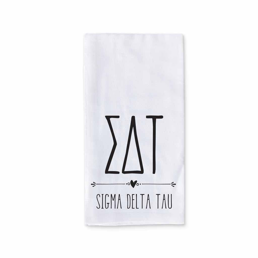 Sigma Delta Tau sorority name and letters digitally printed on cotton dishtowel with boho style design.