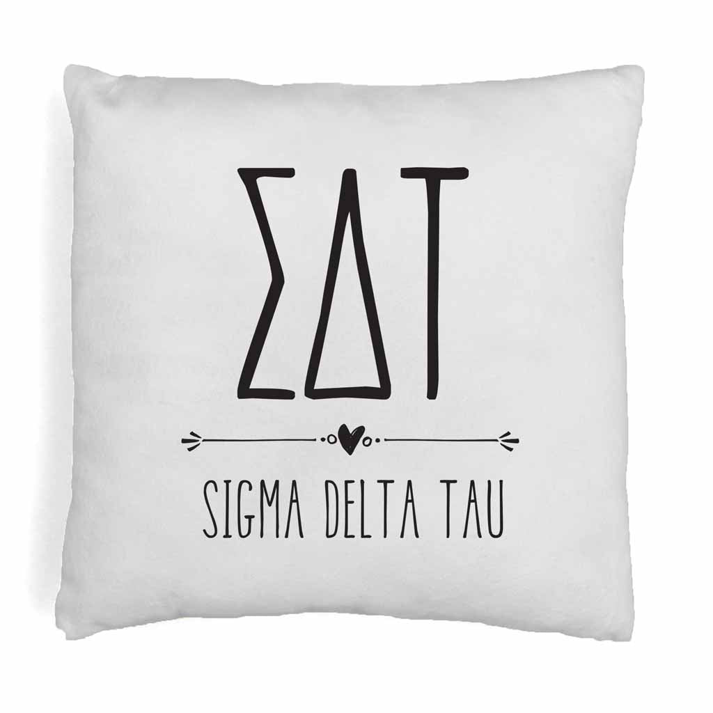 Sigma Delta Tau sorority name and letters in boho style design digitally printed on throw pillow cover.