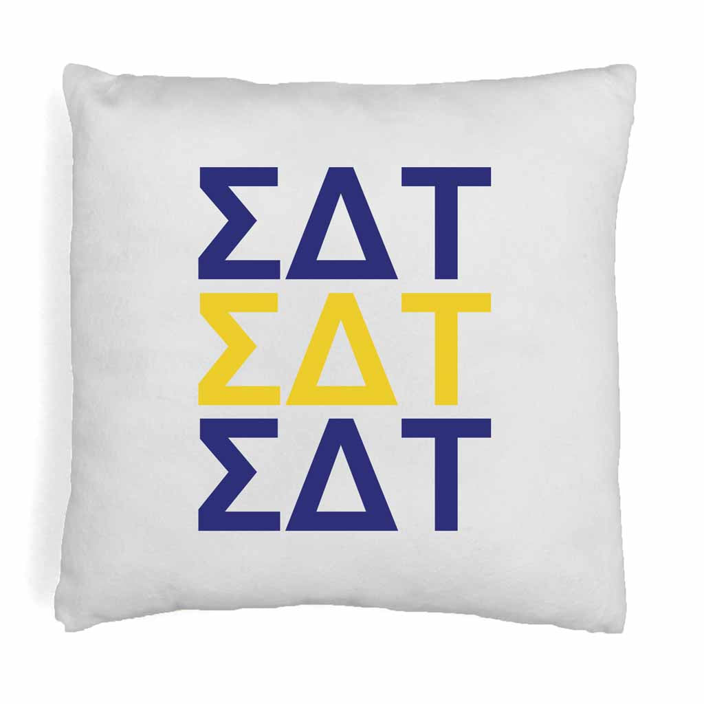 Sigma Delta Tau sorority letters digitally printed in sorority colors on throw pillow cover.