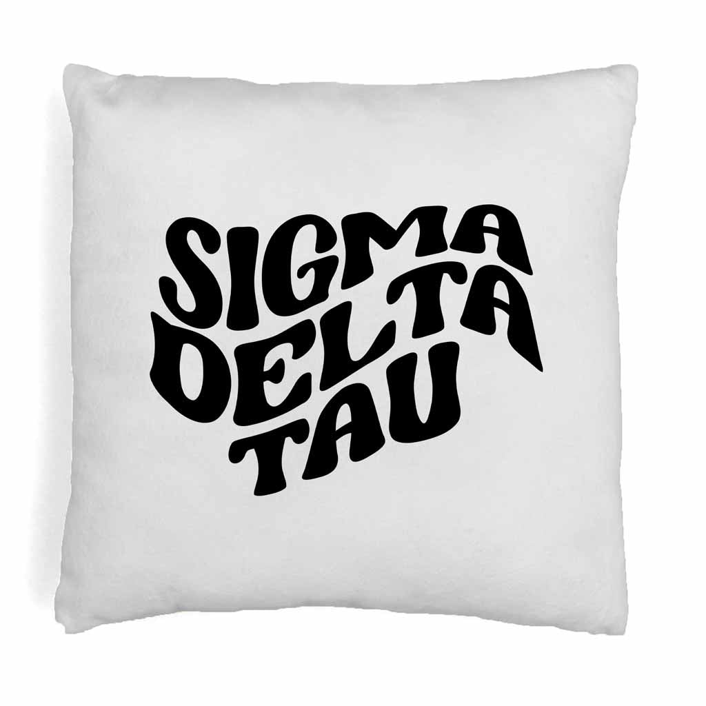 Sigma Delta Tau sorority name in mod style design digitally printed on throw pillow cover.