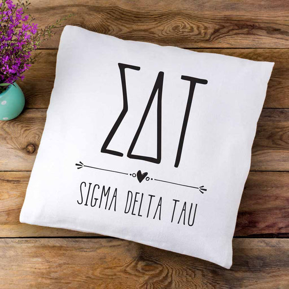 Sigma Delta Tau sorority letters and name in boho style design custom printed on white or natural cotton throw pillow cover.