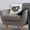 Sigma Delta Tau sorority name in mod style design custom printed on white or natural cotton throw pillow cover.
