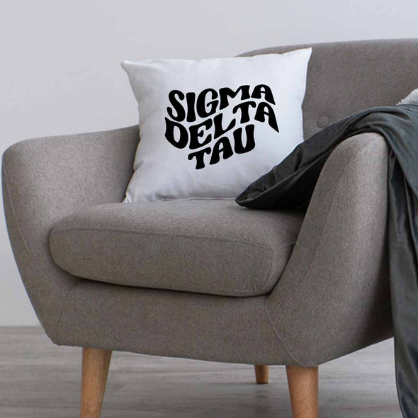 Sigma Delta Tau sorority name in mod style design custom printed on white or natural cotton throw pillow cover.
