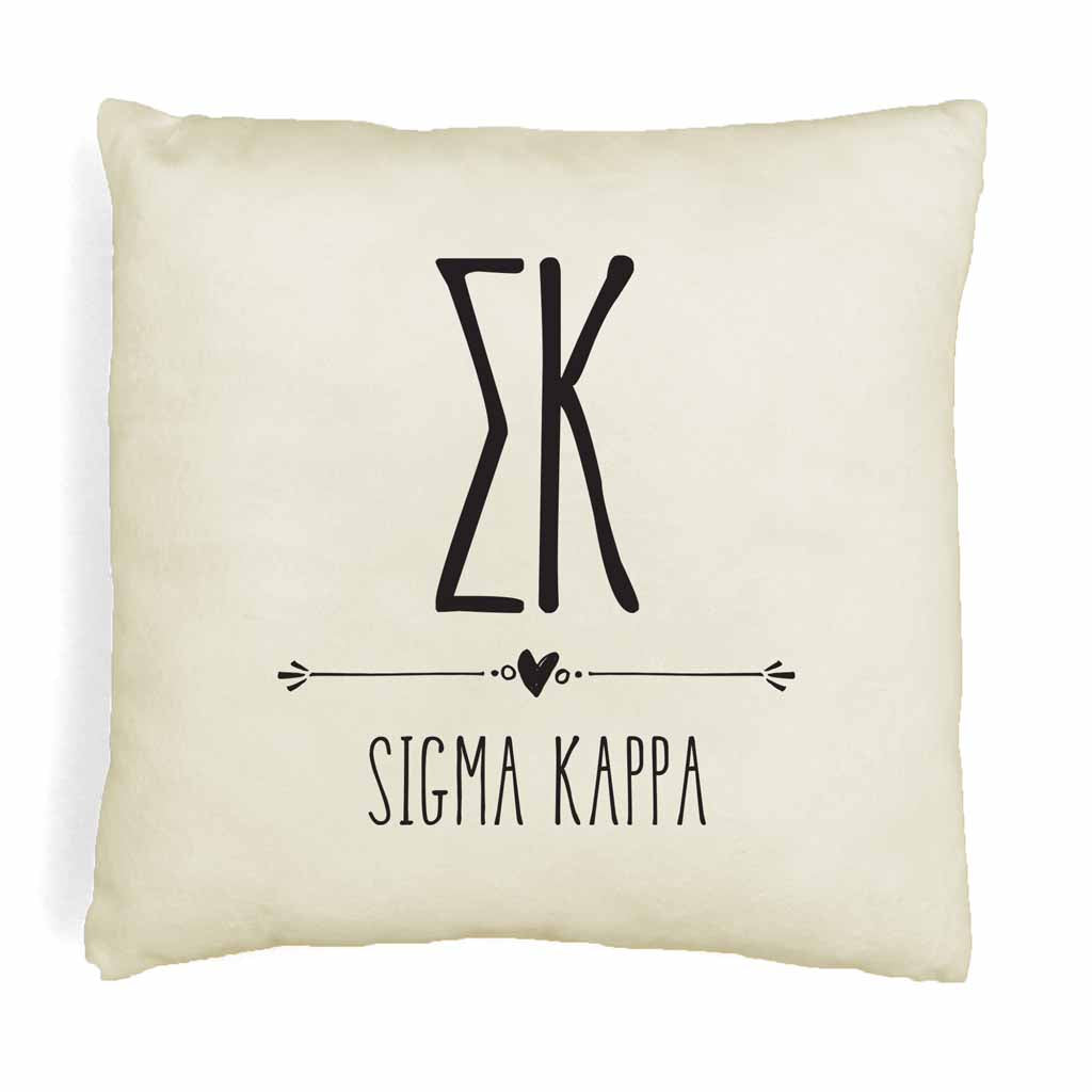 SK sorority letters and name in boho style design custom printed on white or natural cotton throw pillow cover.