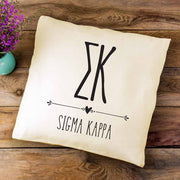 Sigma Kappa sorority letters and name in boho style design custom printed on white or natural cotton throw pillow cover.