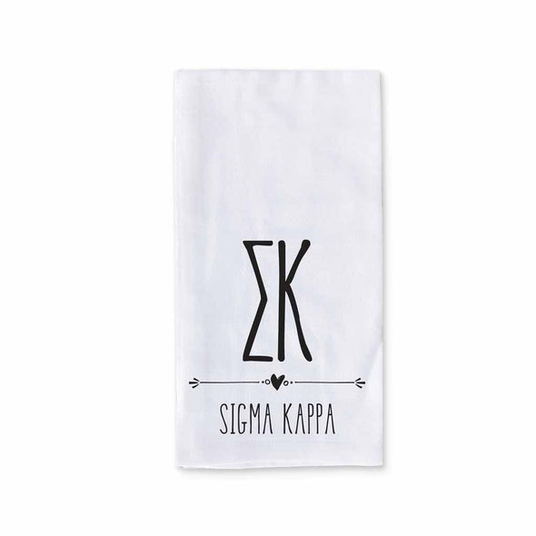 Sigma Kappa sorority name and letters custom printed with boho style design on white cotton kitchen towel.