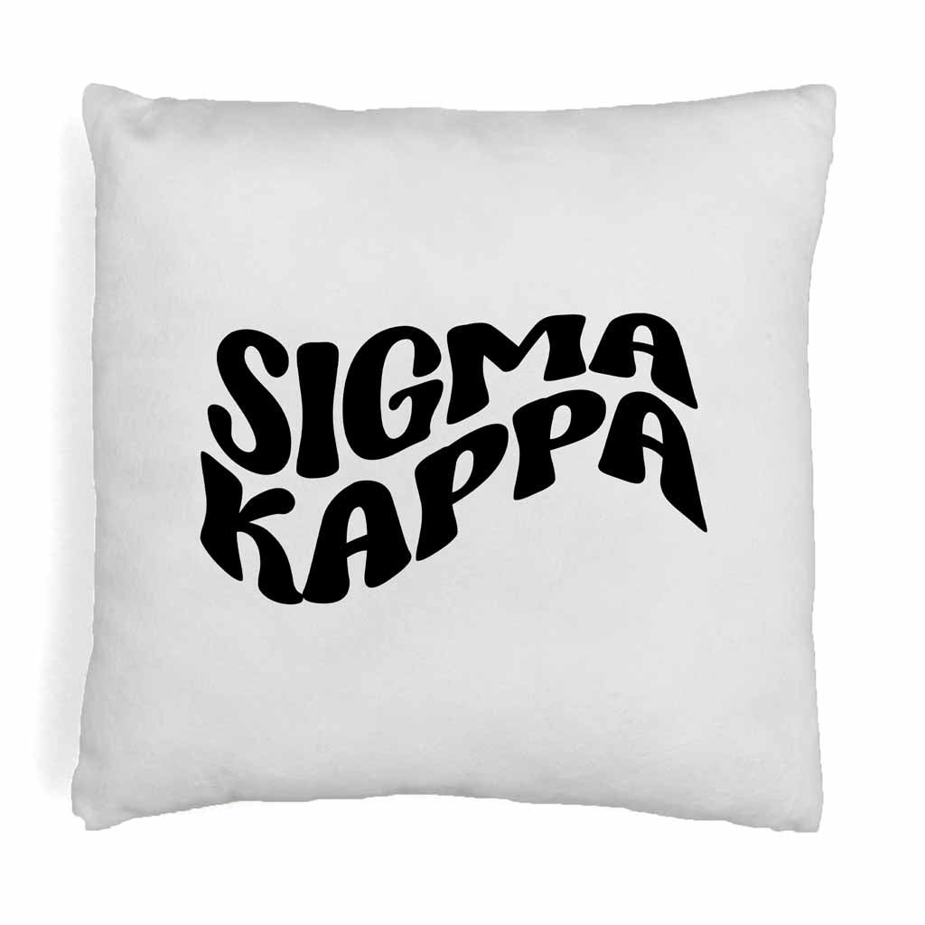 Sigma Kappa sorority name in mod style design digitally printed on throw pillow cover.