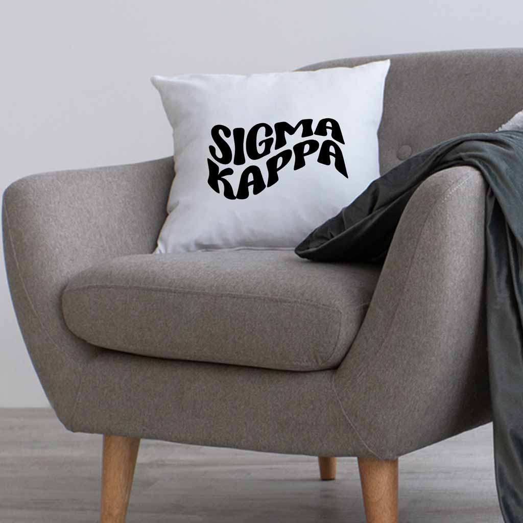 Sigma Kappa sorority name in mod style design custom printed on white or natural cotton throw pillow cover.