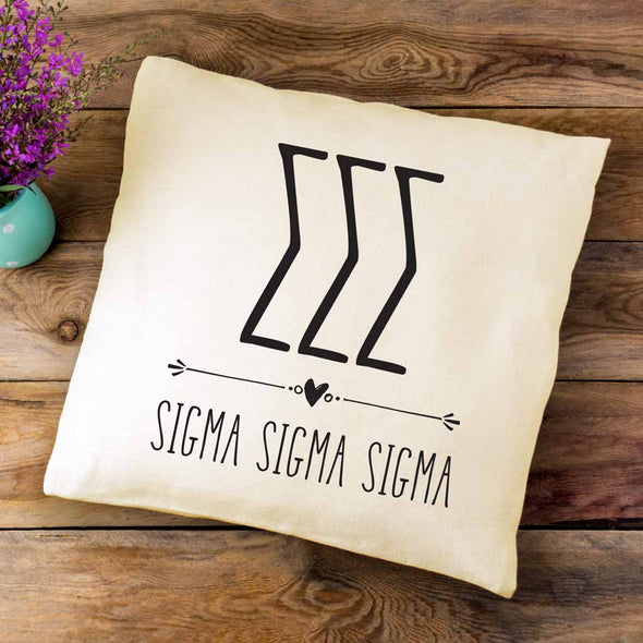 Tri Sigma sorority letters and name in boho style design custom printed on white or natural cotton throw pillow cover.