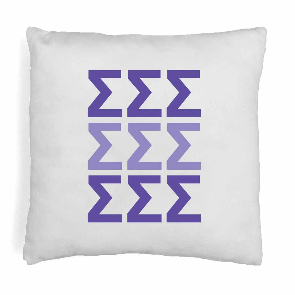 Sigma Sigma Sigma sorority letters digitally printed in sorority colors on throw pillow cover.