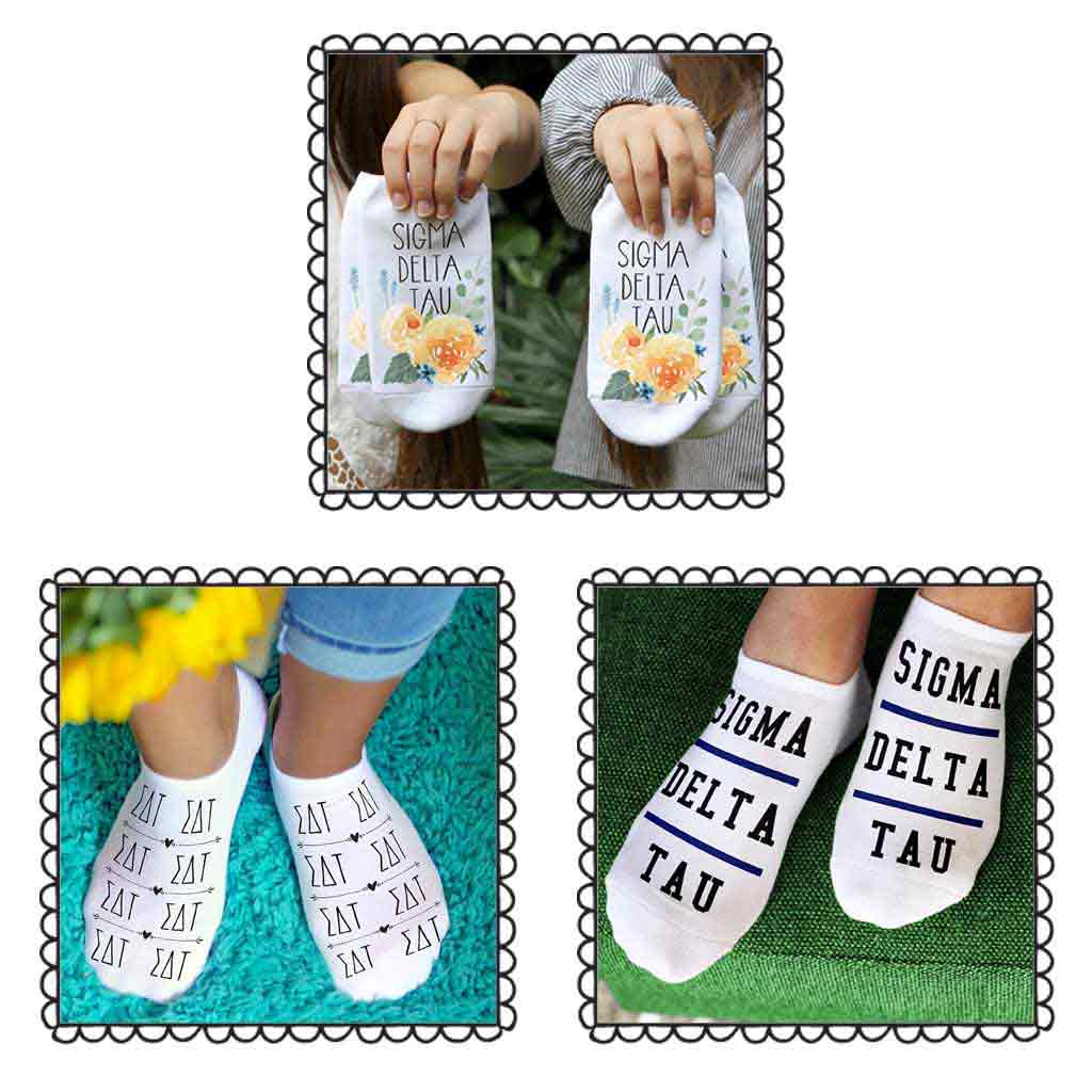 Cute Sigma Delta Tau cotton footie socks are soft and comfy and great for sorority big little gifts