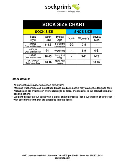 sizing chart for the different sock styles we offer