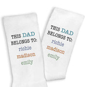 This Dad belongs to and his kids names digitally printed on the side of the socks.