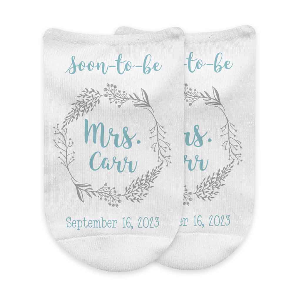 Custom wedding socks for the bride personalized with the last name, wedding date on no show socks.