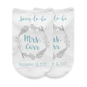 Custom wedding socks for the bride personalized with the last name, wedding date on no show socks.