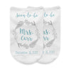Custom wedding socks for the bride personalized with the last name, wedding date on no show socks.