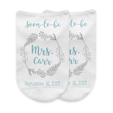 Custom wedding socks for the bride personalized with the last name, wedding date on no show socks.