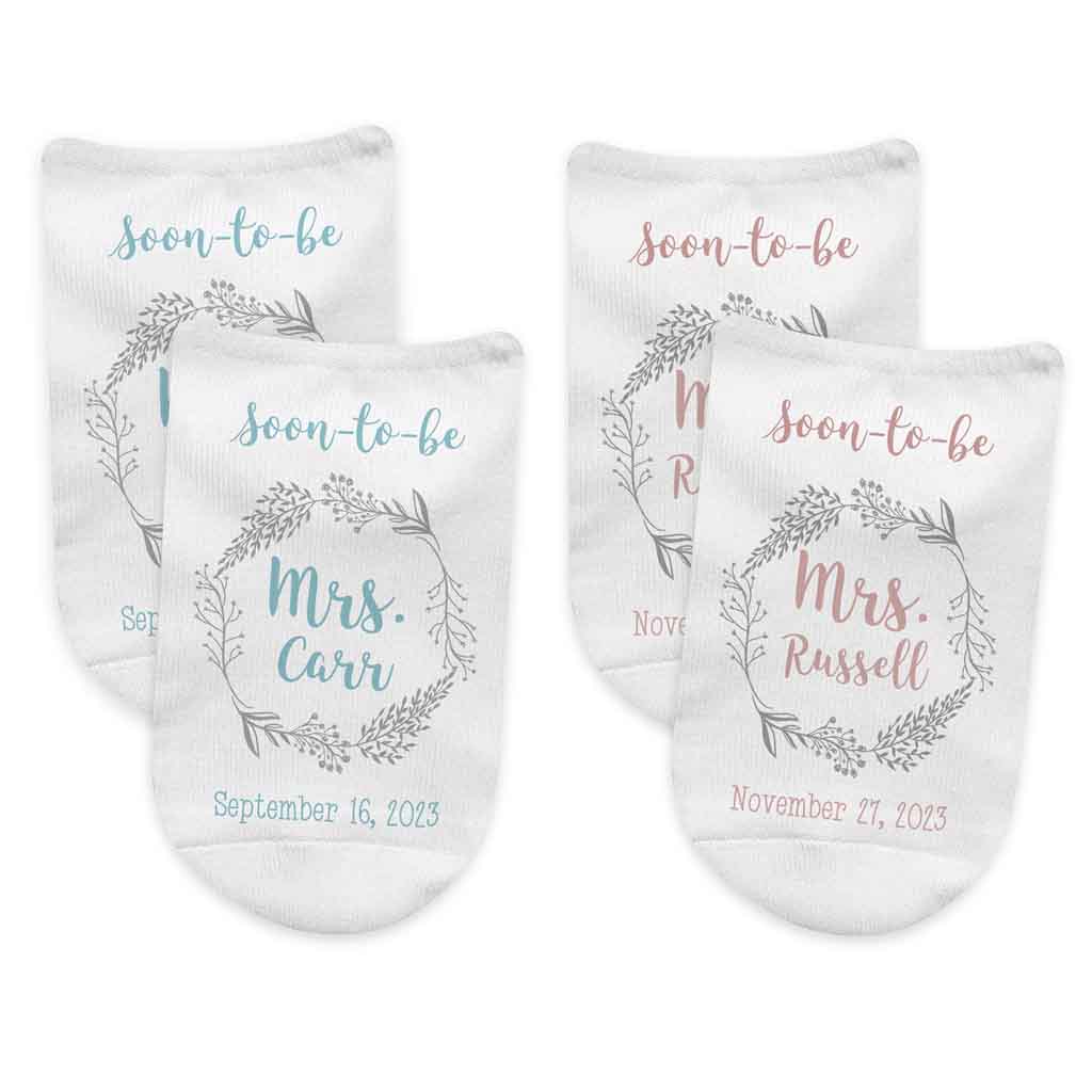 Soon to be design digitally printed and personalized with your wedding date and last name on no show socks.