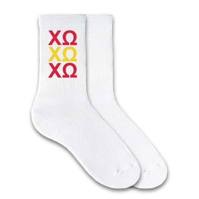 Chi Omega sorority letters custom printed on white cotton crew socks