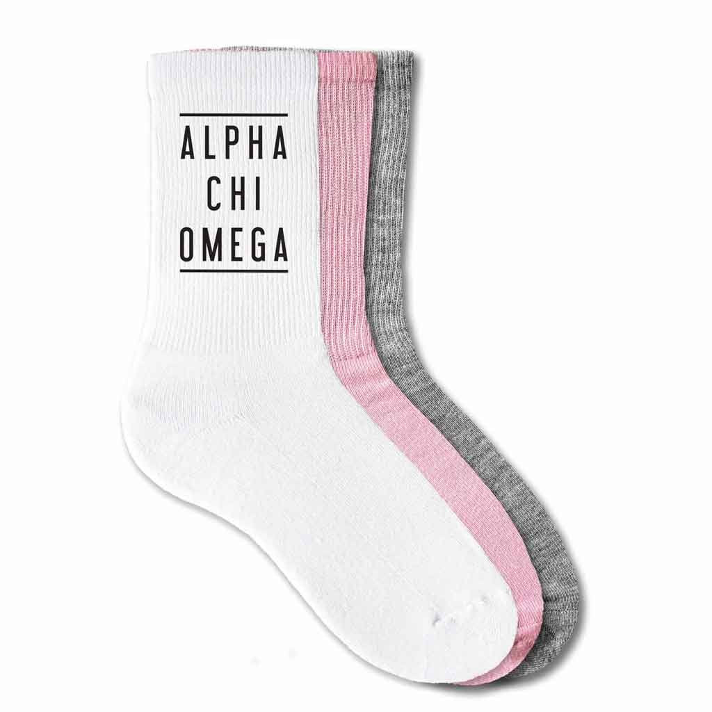 Alpha Chi Omega sorority name with lines design digitally printed on ribbed crew socks.