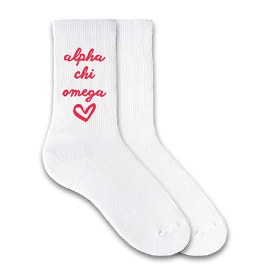 Alpha Chi Omega sorority name with heart design digitally printed in sorority colors on white cotton crew socks.