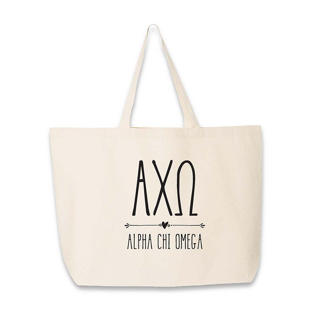 Alpha Chi Omega sorority name and letters custom printed on canvas tote bag.