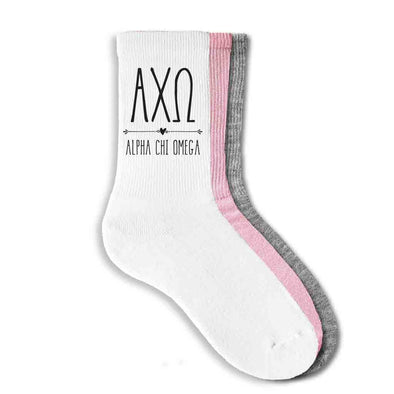 Alpha Chi Omega sorority name and letters digitally printed on crew socks.