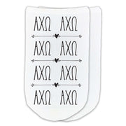 Alpha Chi Omega sorority letters in repeat boho design digitally printed on white cotton no show socks.