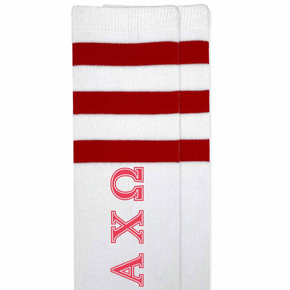 Alpha Chi Omega sorority letters digitally printed on cotton red striped knee high socks