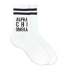 Alpha Chi Omega sorority name in black ink digitally printed on striped crew socks.