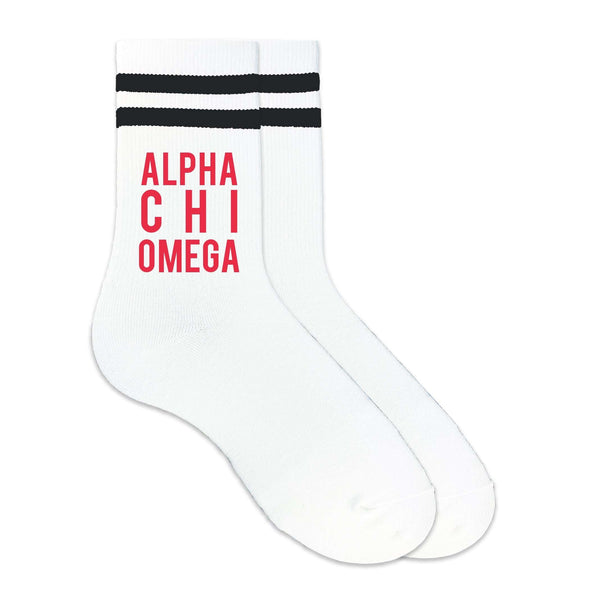 Alpha Chi Omega sorority name digitally printed in sorority colors on black striped crew socks.