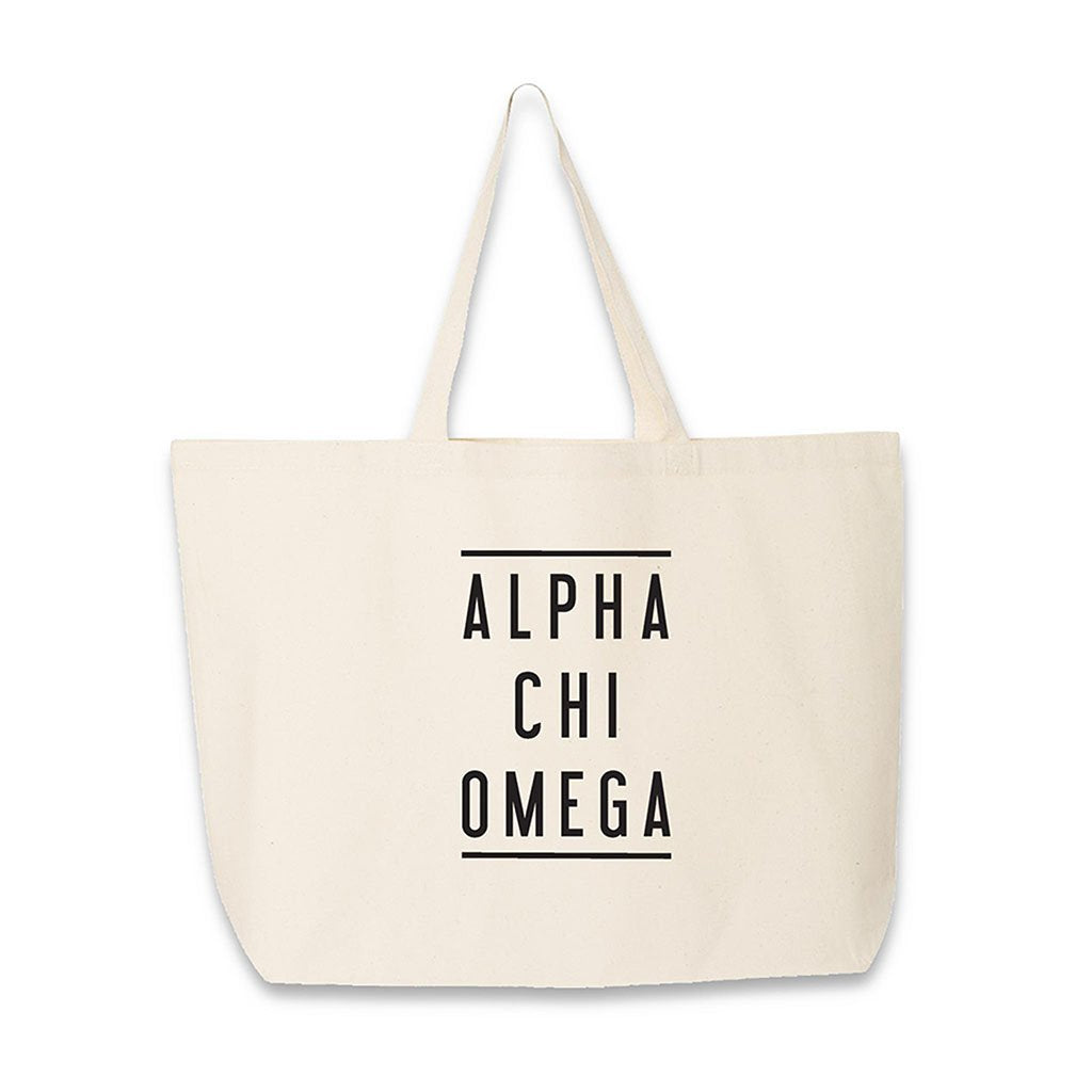 Alpha Chi Omega sorority name digitally printed on canvas tote bag.