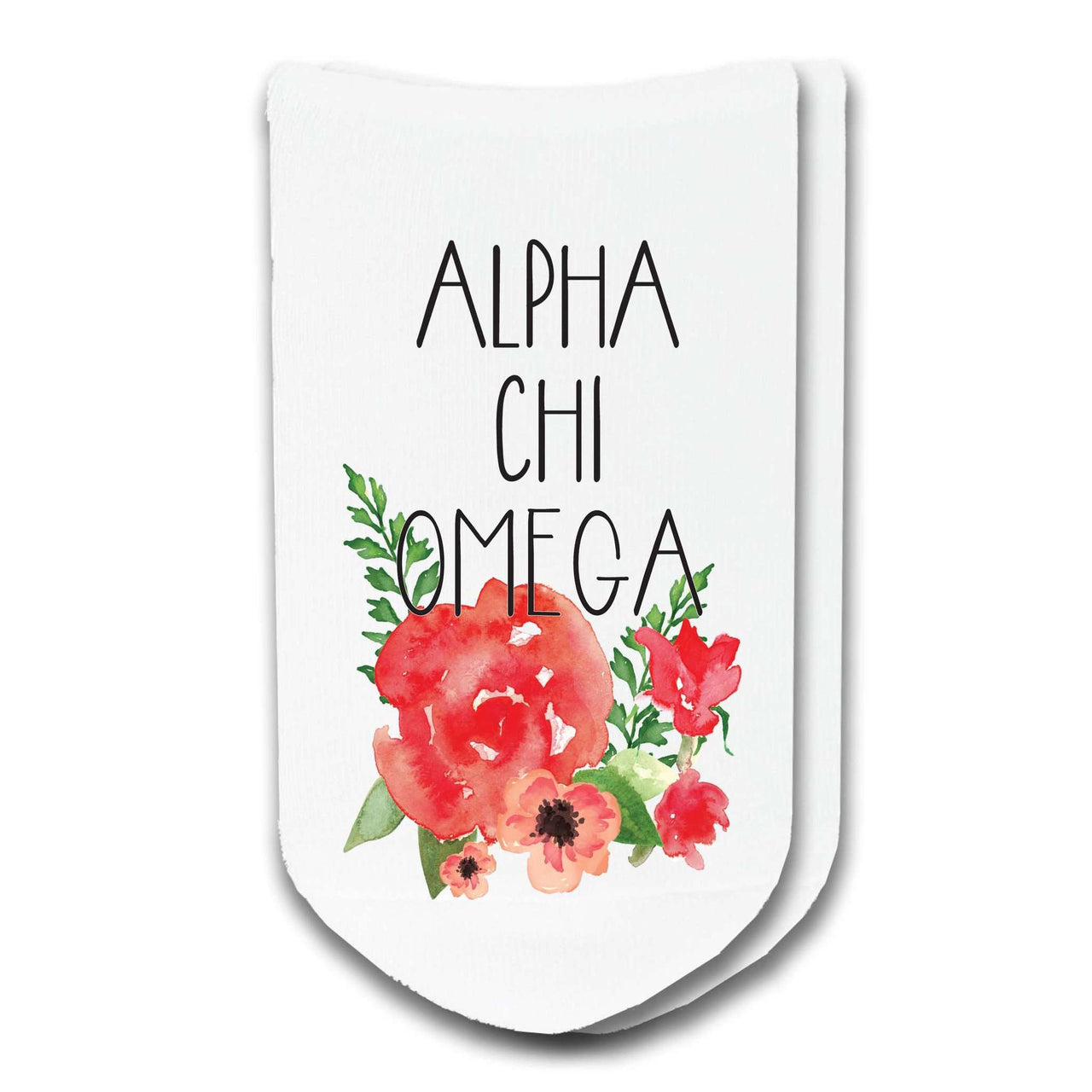 Alpha Chi Omega sorority name and watercolor design digitally printed on white cotton blend no show socks.