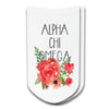 Alpha Chi Omega sorority name and watercolor design digitally printed on white cotton blend no show socks.