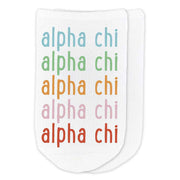 Alpha Chi rainbow repeat design digitally printed on white cotton no show socks.