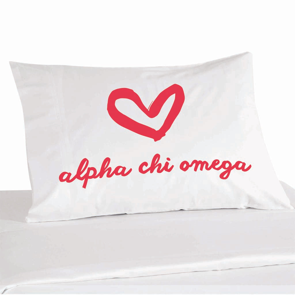 Alpha Chi Omega sorority name and heart design in sorority letters digitally printed on cotton pillowcase.