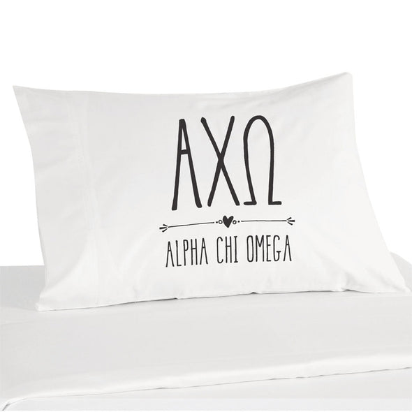 Alpha Chi Omega sorority name and letters boho style design digitally printed in black ink on white cotton blend pillowcase.