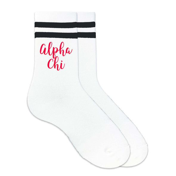 Alpha Chi digitally printed in sorority colors on black striped crew socks.