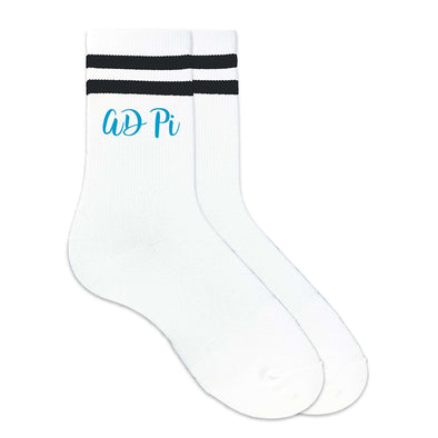 AD Pi sorority nickname digitally printed in sorority color on black striped crew socks.