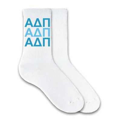 Alpha Delta Pi sorority letters in sorority colors digitally printed on crew socks.