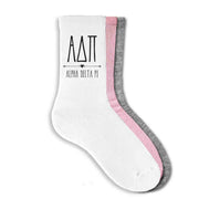 Alpha Delta Pi sorority name and letters custom printed on ribbed crew socks.