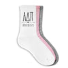 Alpha Delta Pi sorority name and letters custom printed on ribbed crew socks.