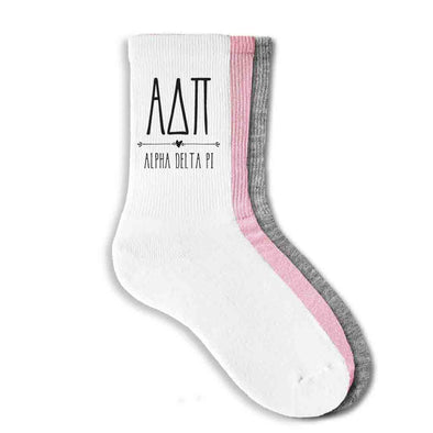 Alpha Delta Pi sorority name and letters custom printed on ribbed crew socks.