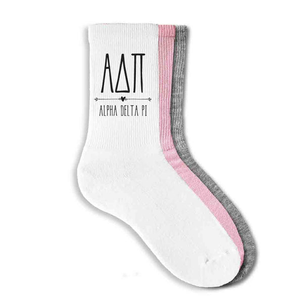 Alpha Delta Pi sorority name and letters custom printed on ribbed crew socks.