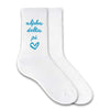 Alpha Delta Pi sorority name in sorority colors with heart design digitally printed on white cotton blend crew socks.