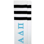 Alpha Delta Pi sorority letters in sorority colors digitally printed on black striped knee high socks.