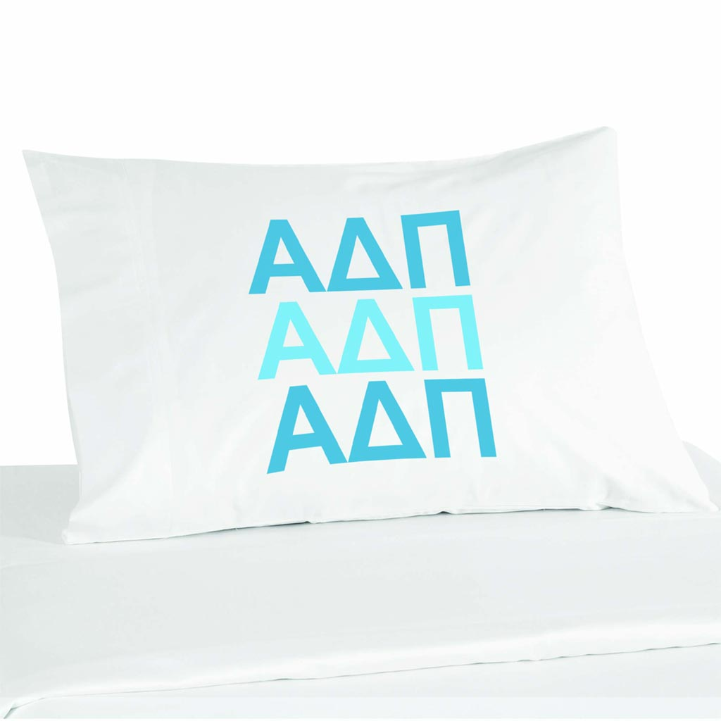 Alpha Delta Pi sorority letters digitally printed on pillowcase.
