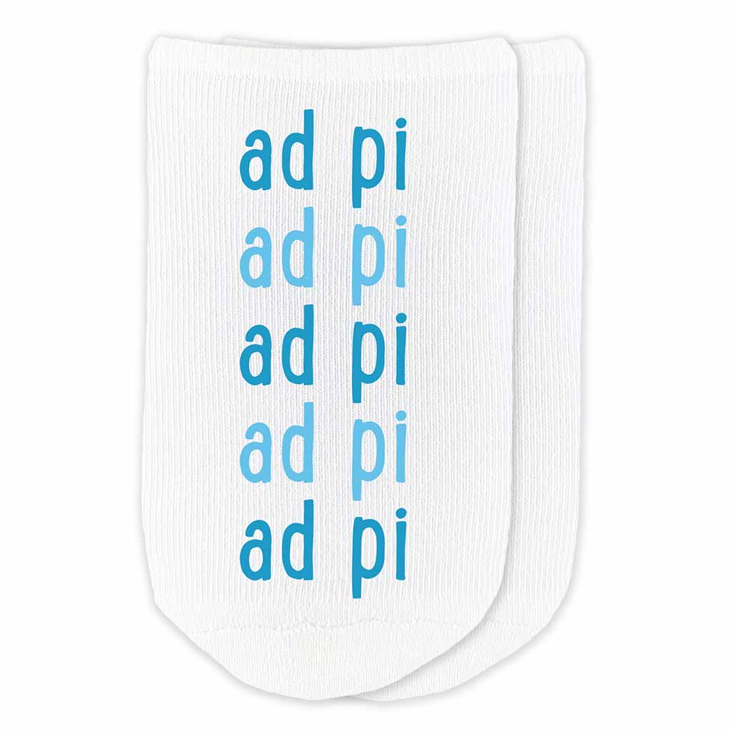 AD Pi sorority nickname in sorority colors digitally printed on white cotton no show socks.